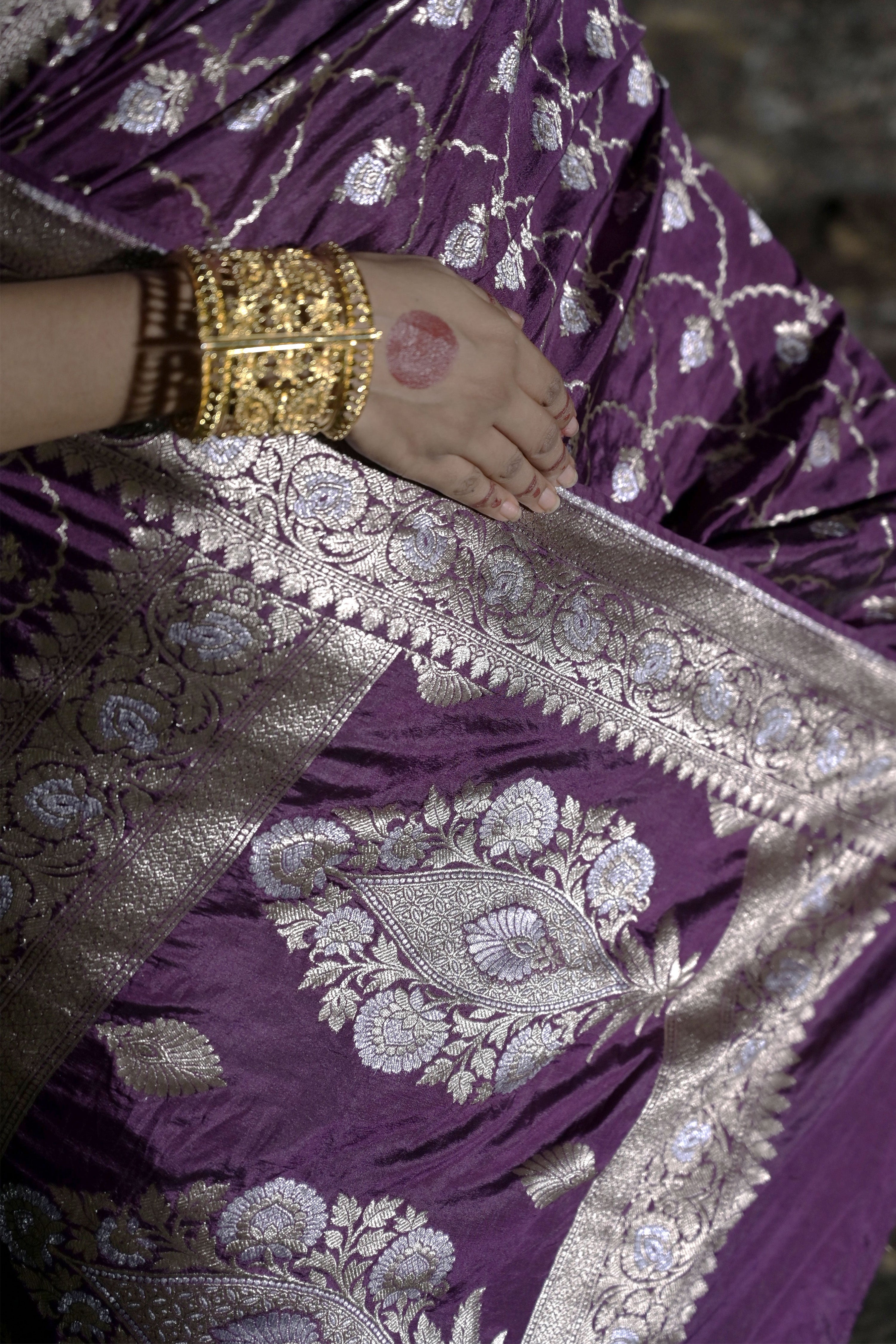 Rangmaalika I Plum Handwoven Katan Banarasi Saree with Jaal Pattern and Floral Border