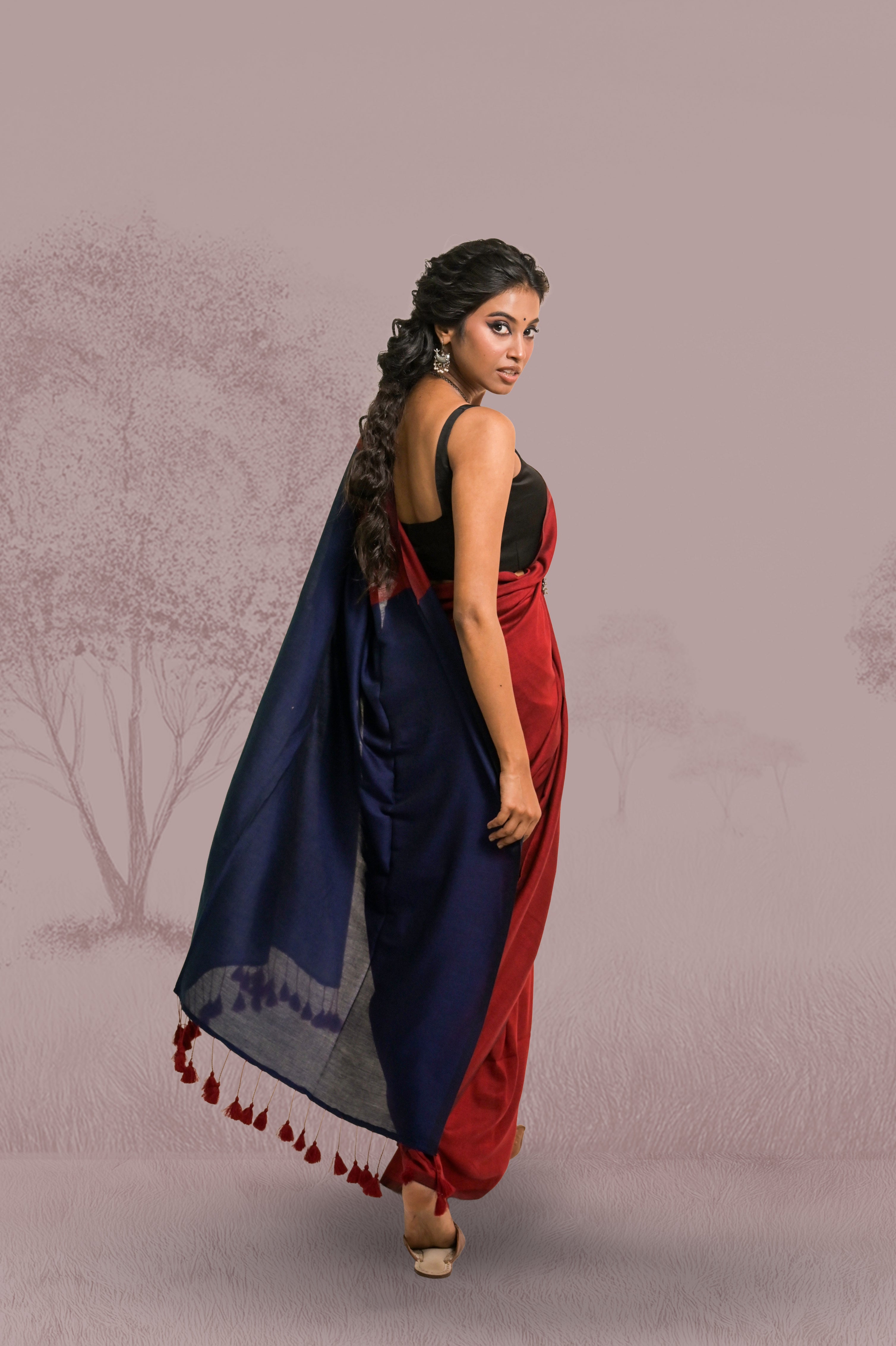 red-coloured-colourblock-saree