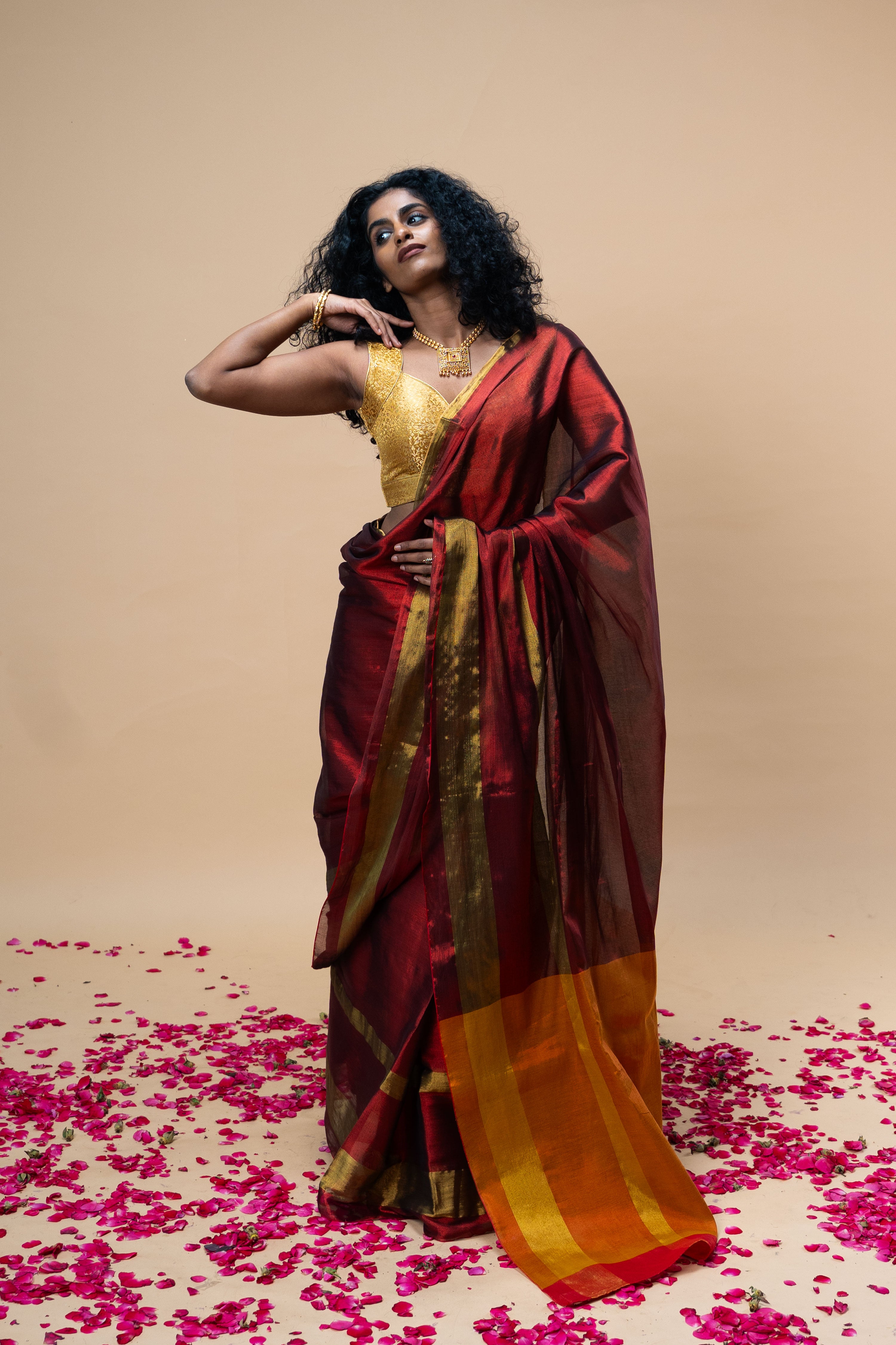 red-handwoven-tissue-saree-with-golden-striped-border