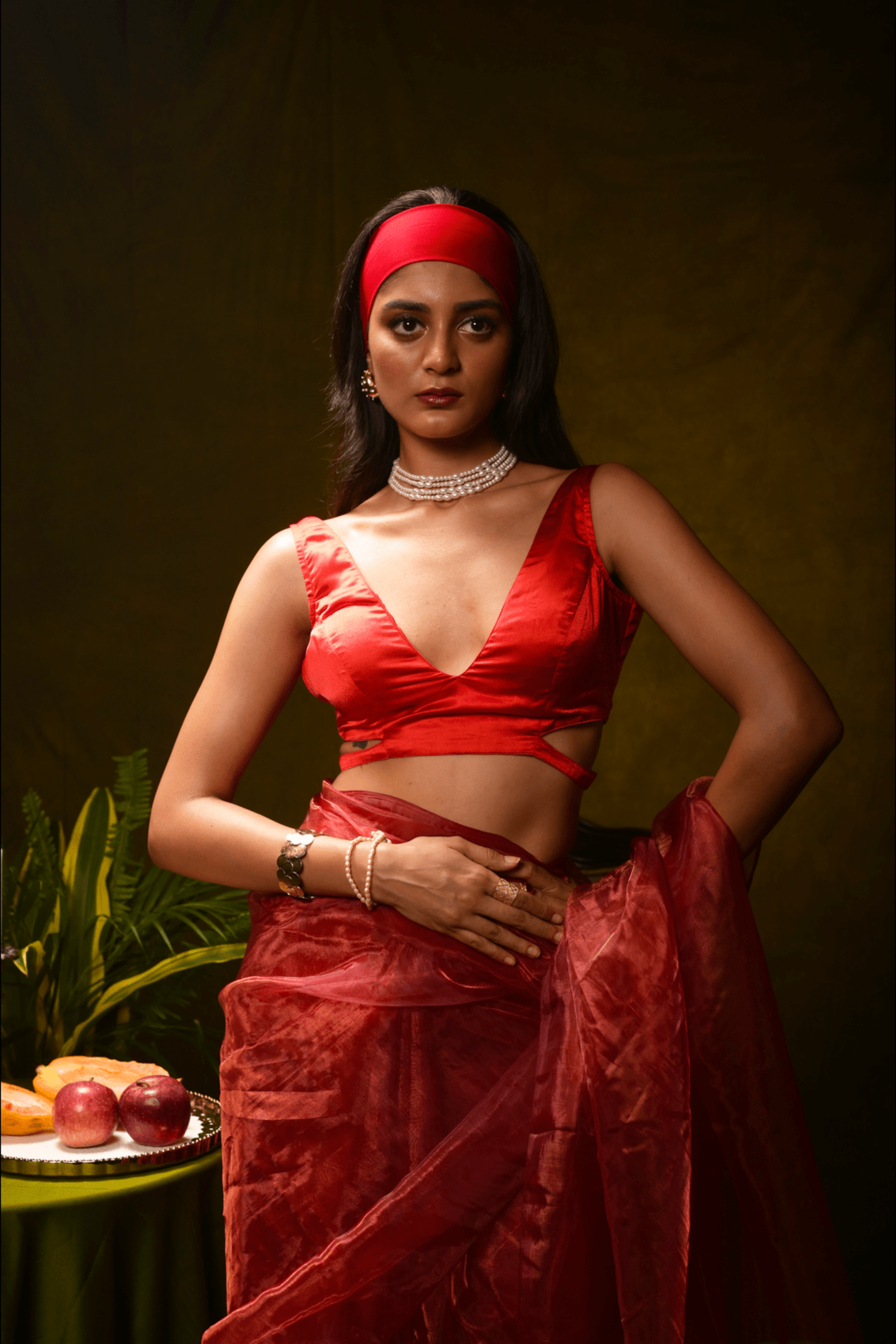 Red Organza Tissue Saree with Ready to Wear Satin Silk  Sleeveless Blouse Combo (Sparkling Scarlet & Soda Rough)