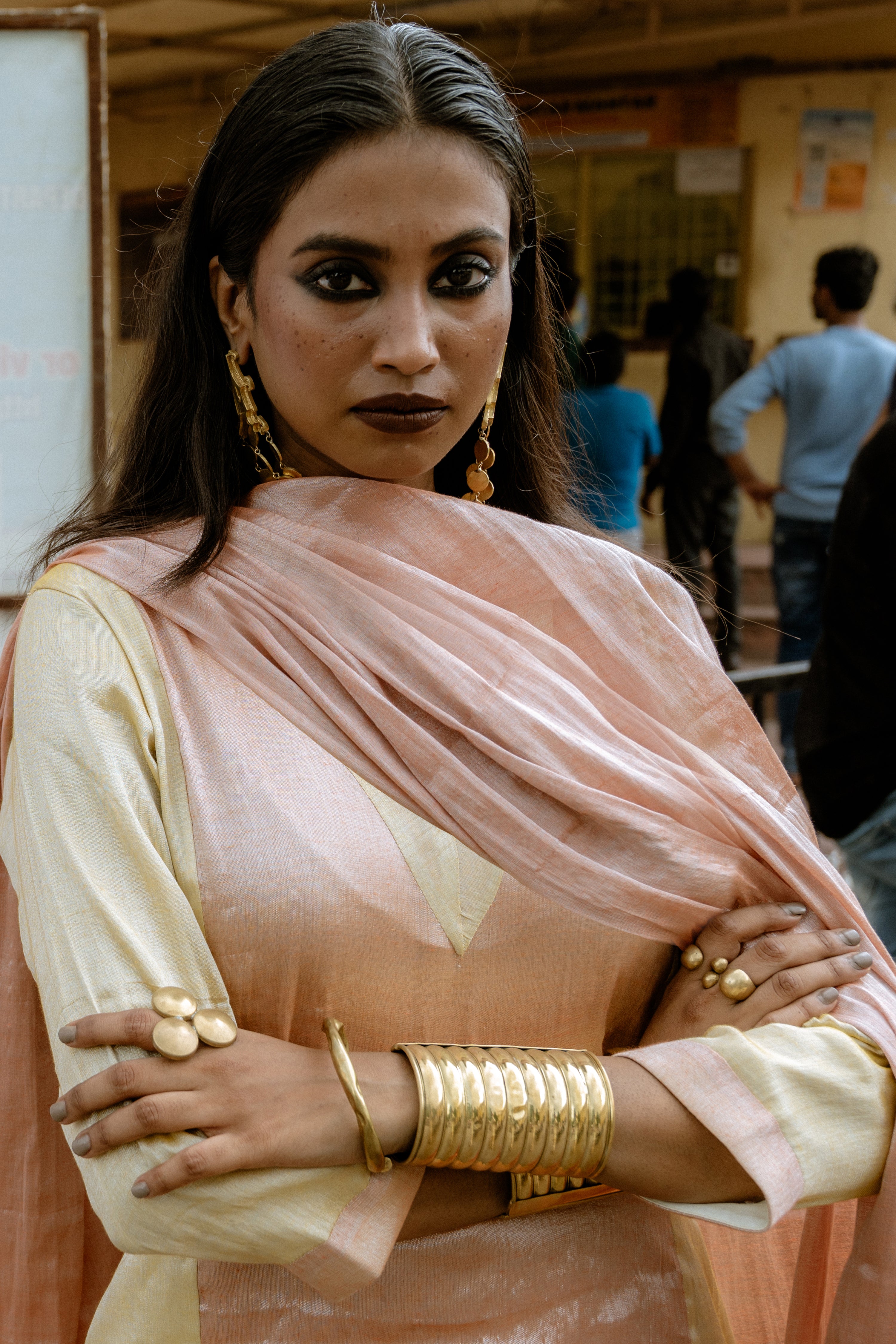Amaraya I Neon orange and  neon yellow double colour Handloom Tissue Kurta pant set with Dupatta