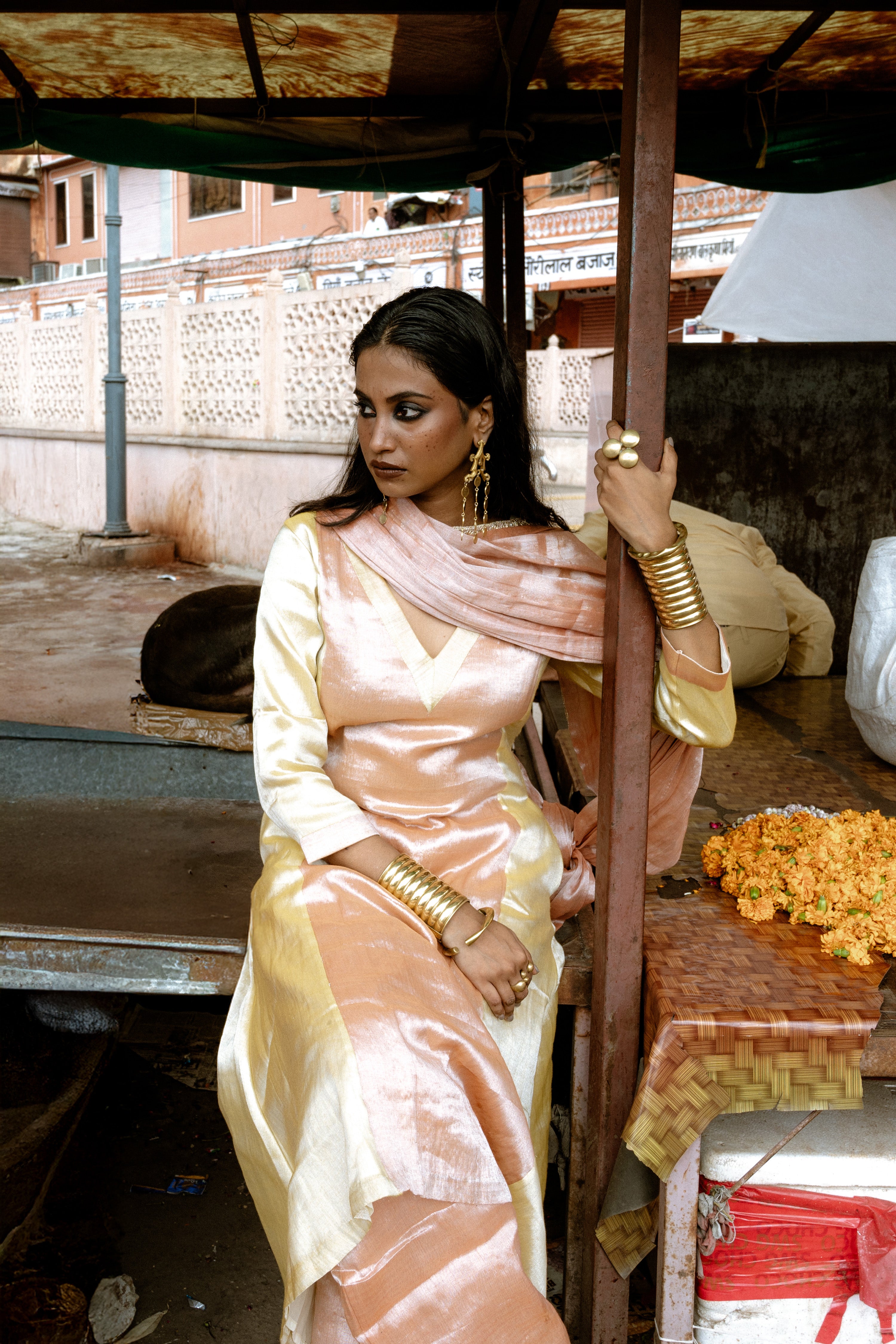 Amaraya I Neon orange and  neon yellow double colour Handloom Tissue Kurta pant set with Dupatta