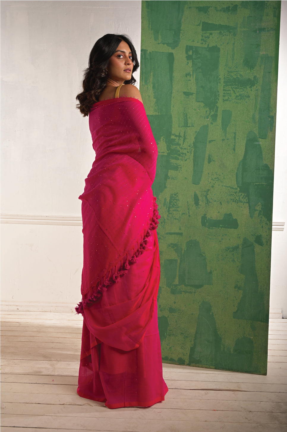 Nazuk Pankhuri | Hot Pink mul cotton saree with beaded sequins