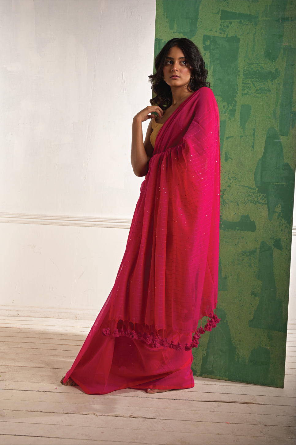 Nazuk Pankhuri | Hot Pink mul cotton saree with beaded sequins
