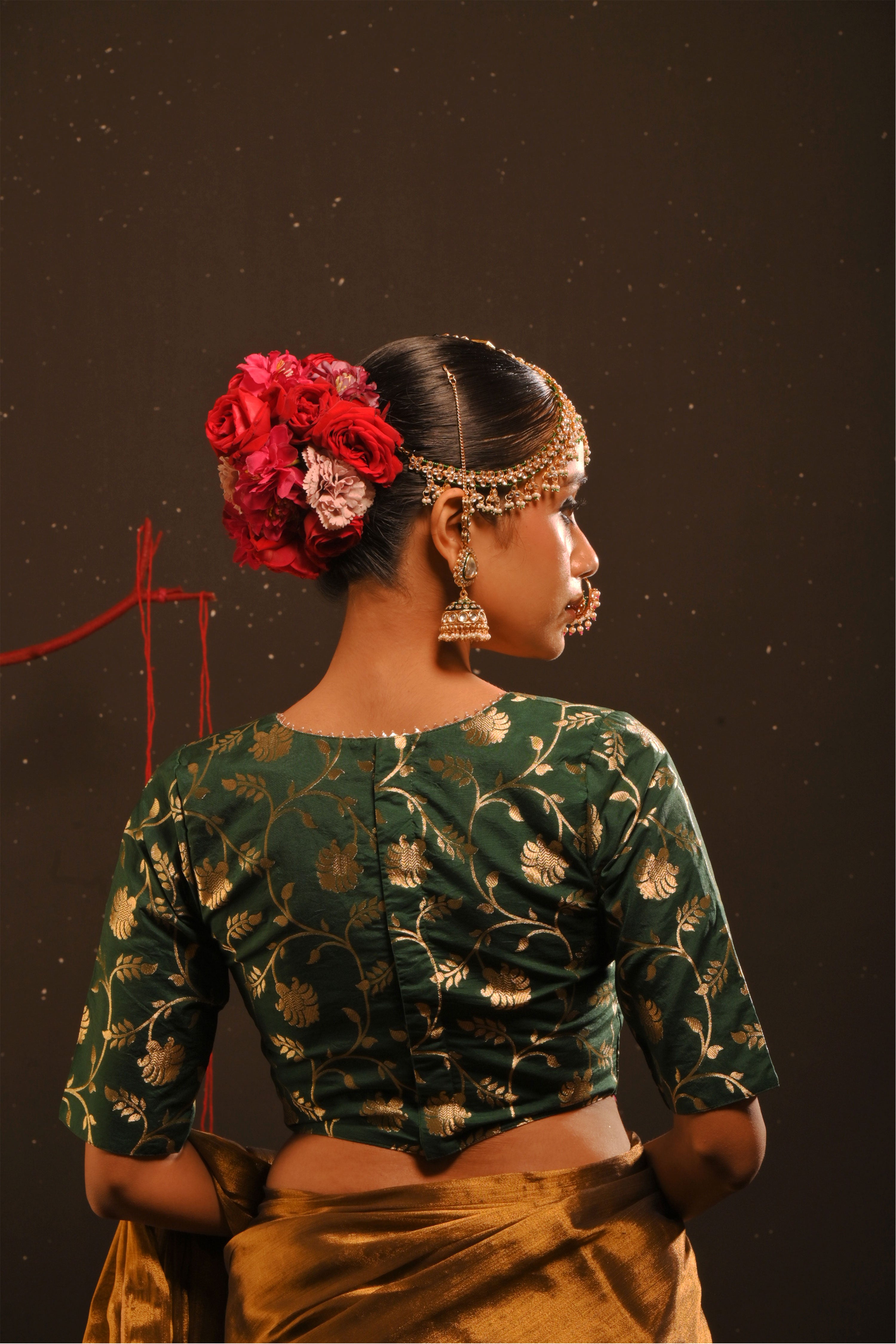 Jaishika I Bottle green floral brocade blouse