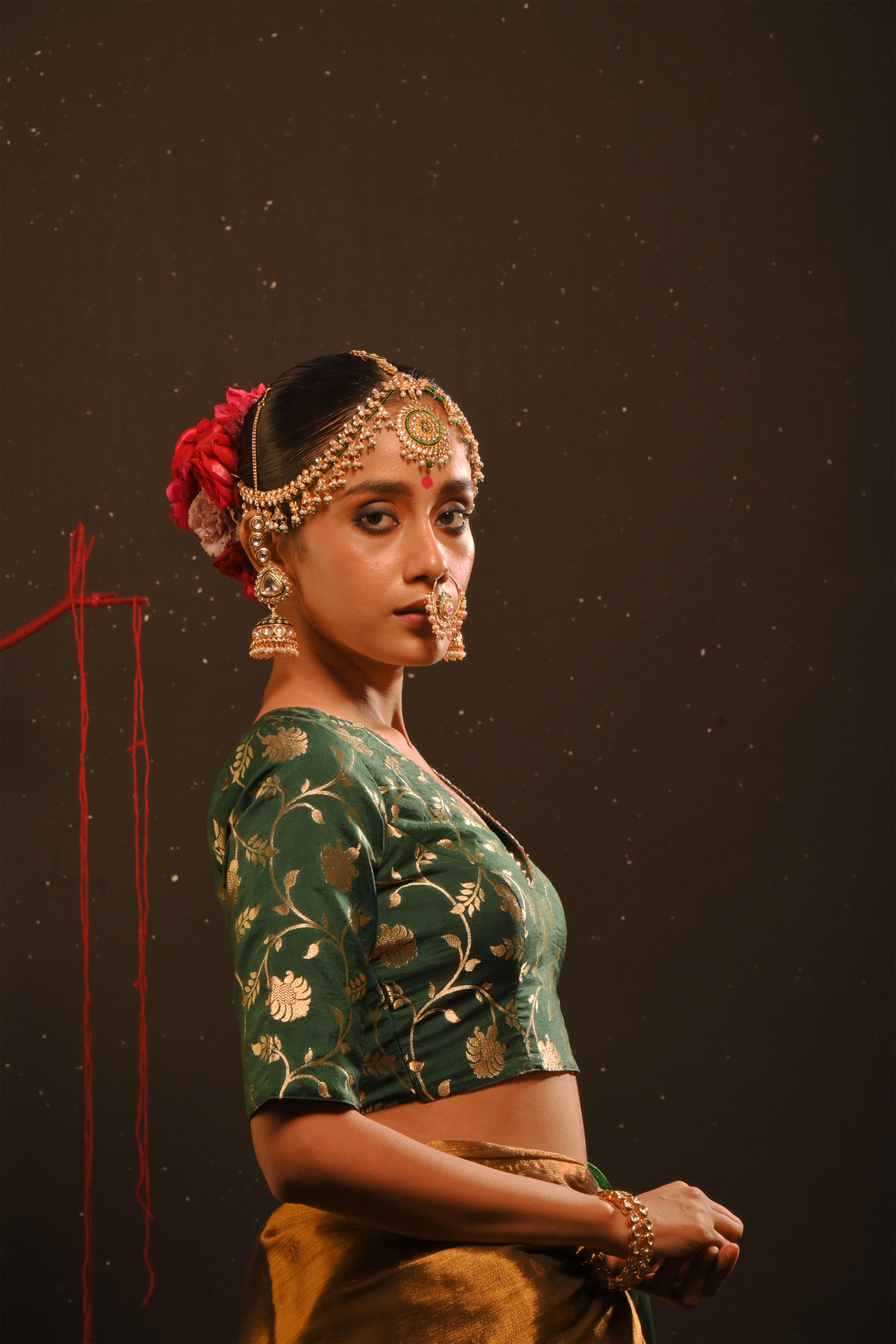 Jaishika I Bottle green floral brocade blouse