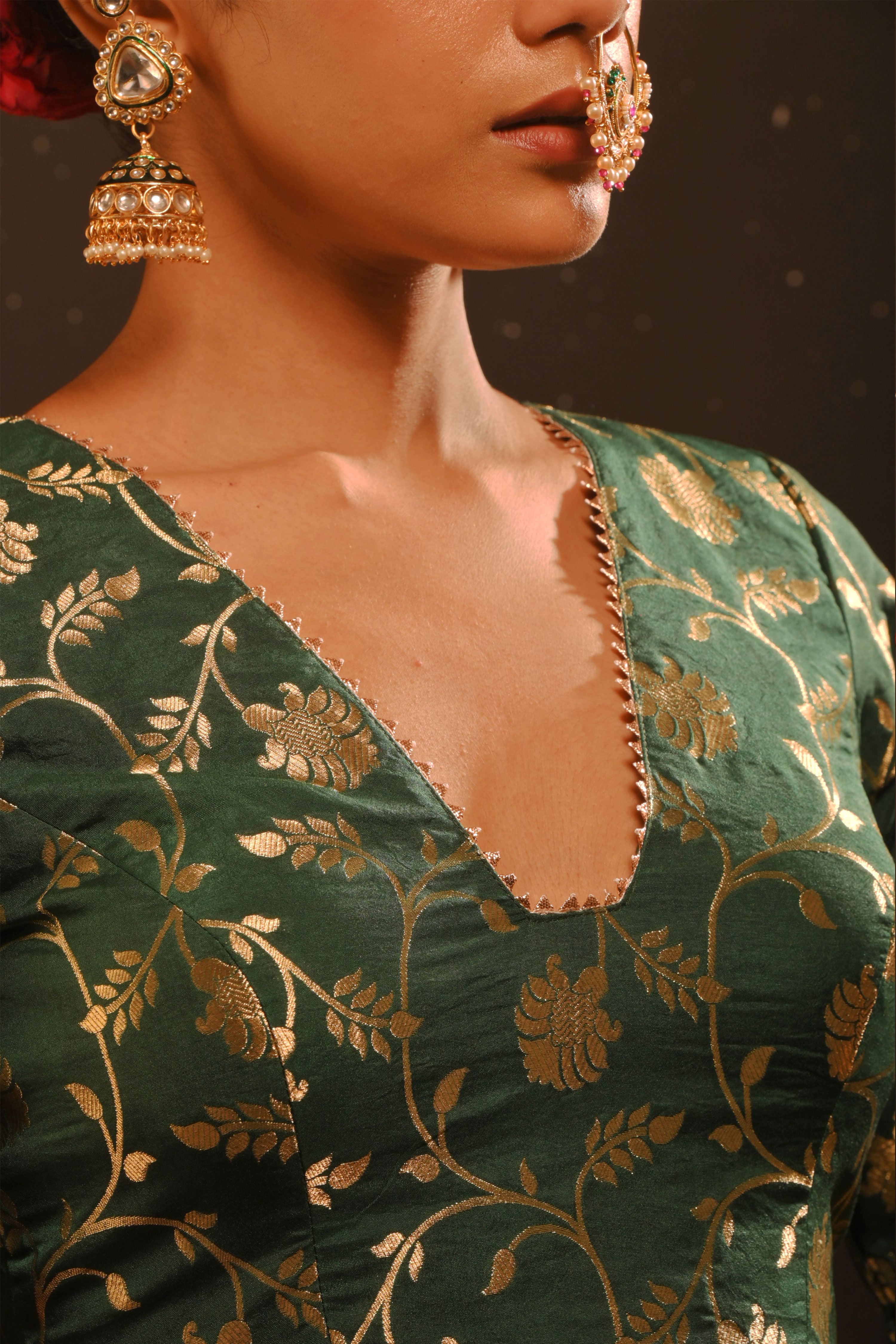 Jaishika I Bottle green floral brocade blouse