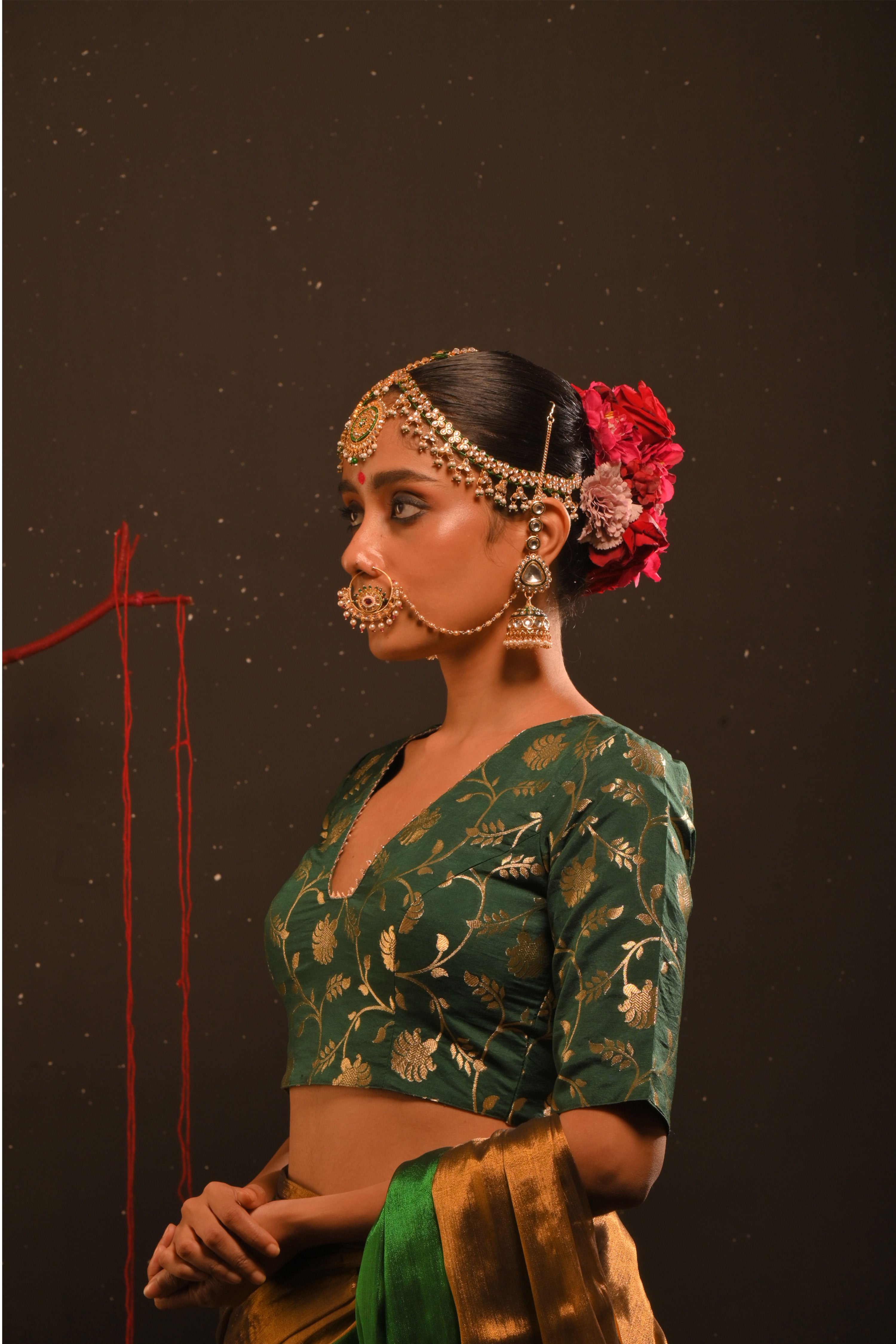 Jaishika I Bottle green floral brocade blouse