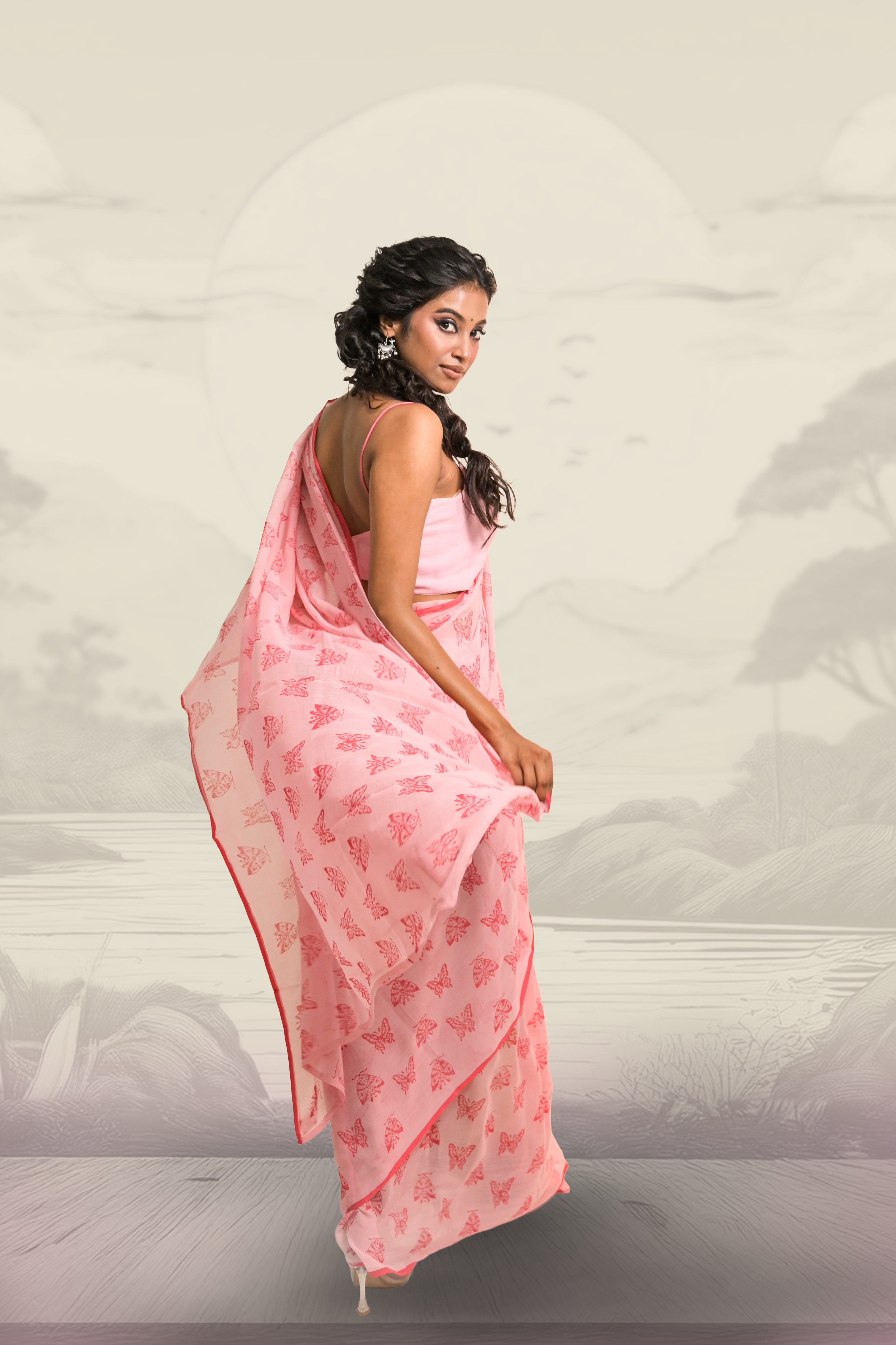 Baby Pink Handloom Mul Cotton Saree with Hand-block Printed Butterfly Motifs and Ready to Wear Dual Colour Handloom Mul Cotton Blouse Combo(Winx Club+Lily)
