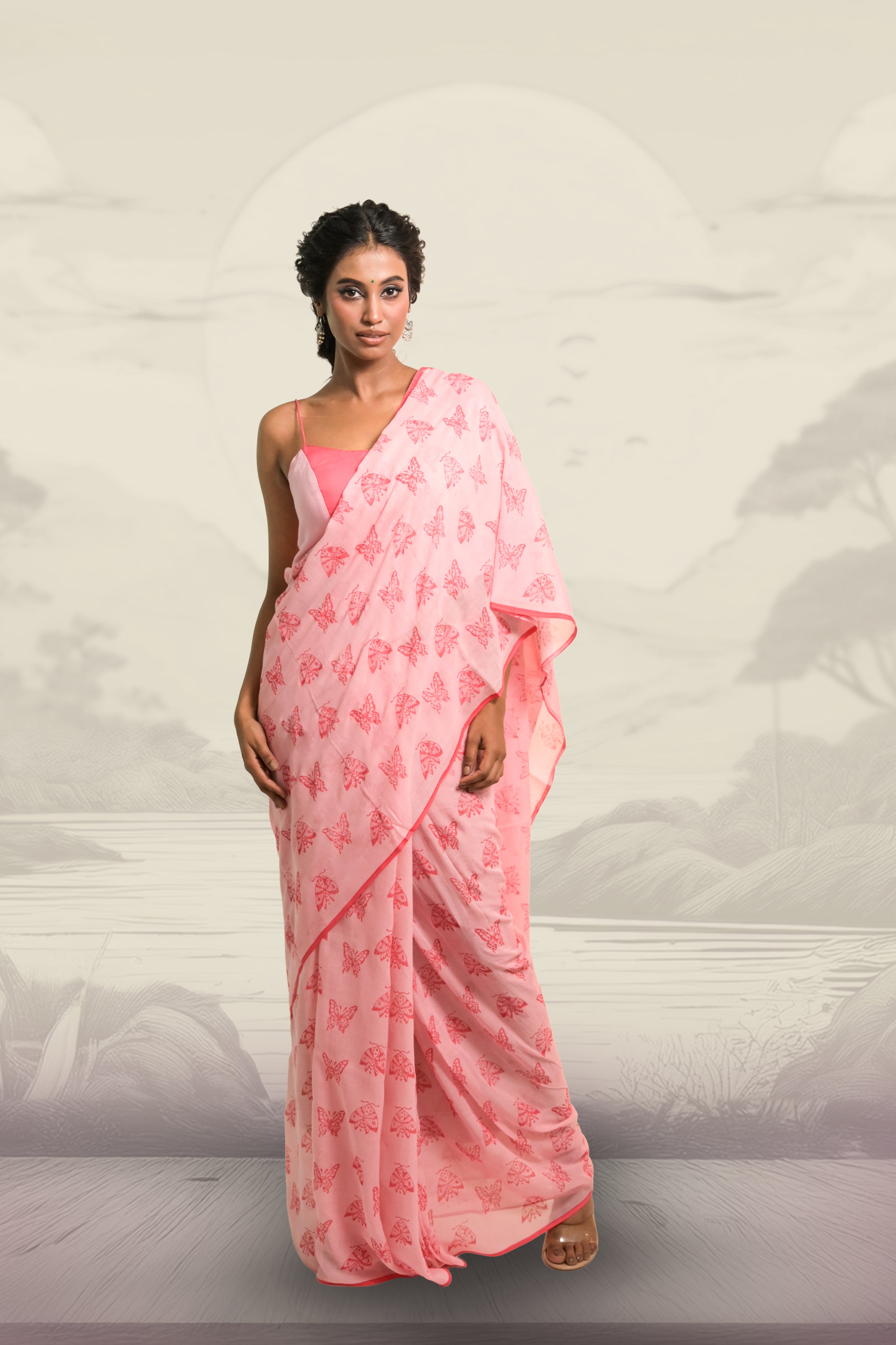 Baby Pink Handloom Mul Cotton Saree with Hand-block Printed Butterfly Motifs and Ready to Wear Dual Colour Handloom Mul Cotton Blouse Combo(Winx Club+Lily)