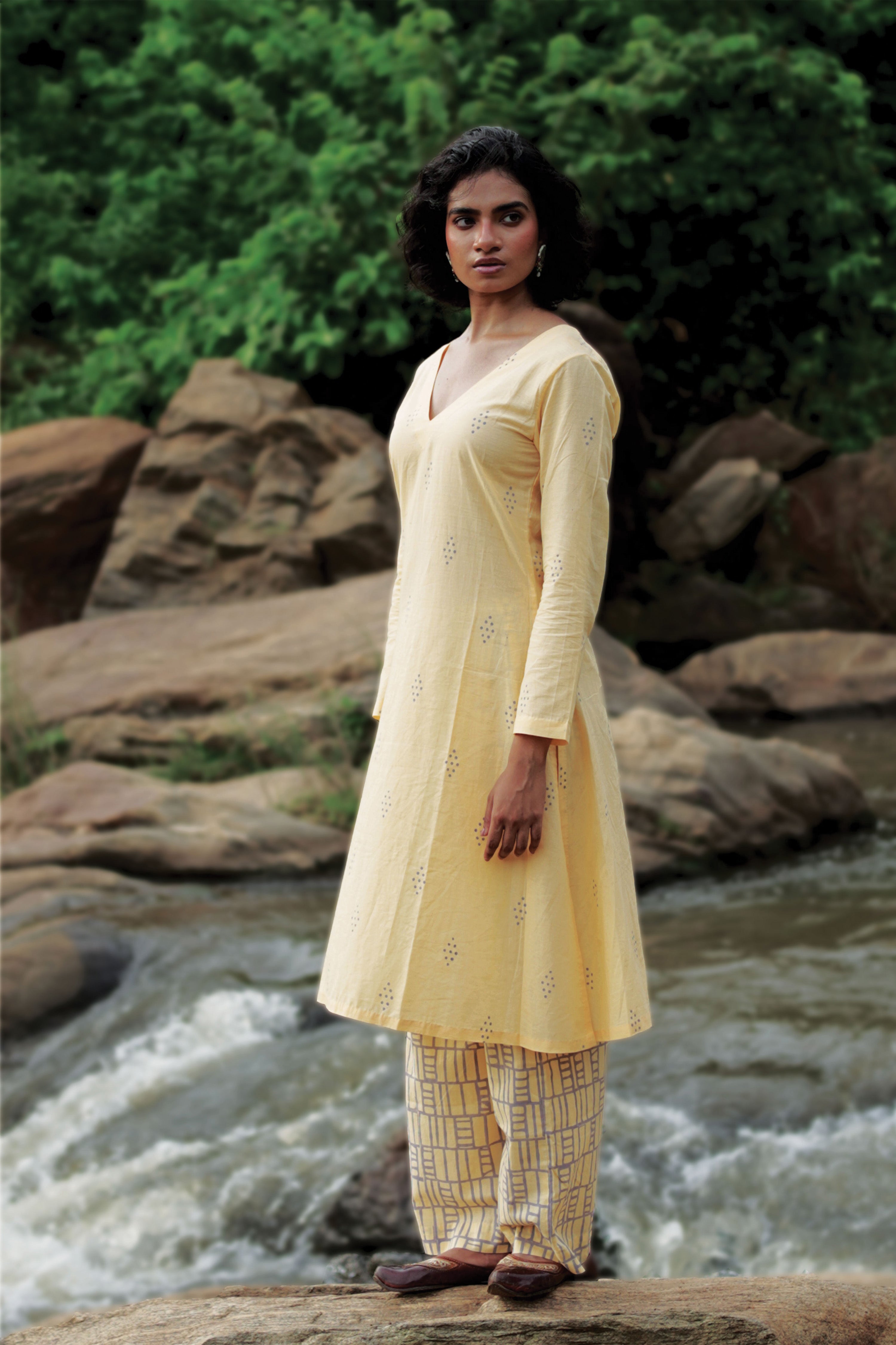 Tia I Yellow Cotton Hand Block printed Kurta-pant set