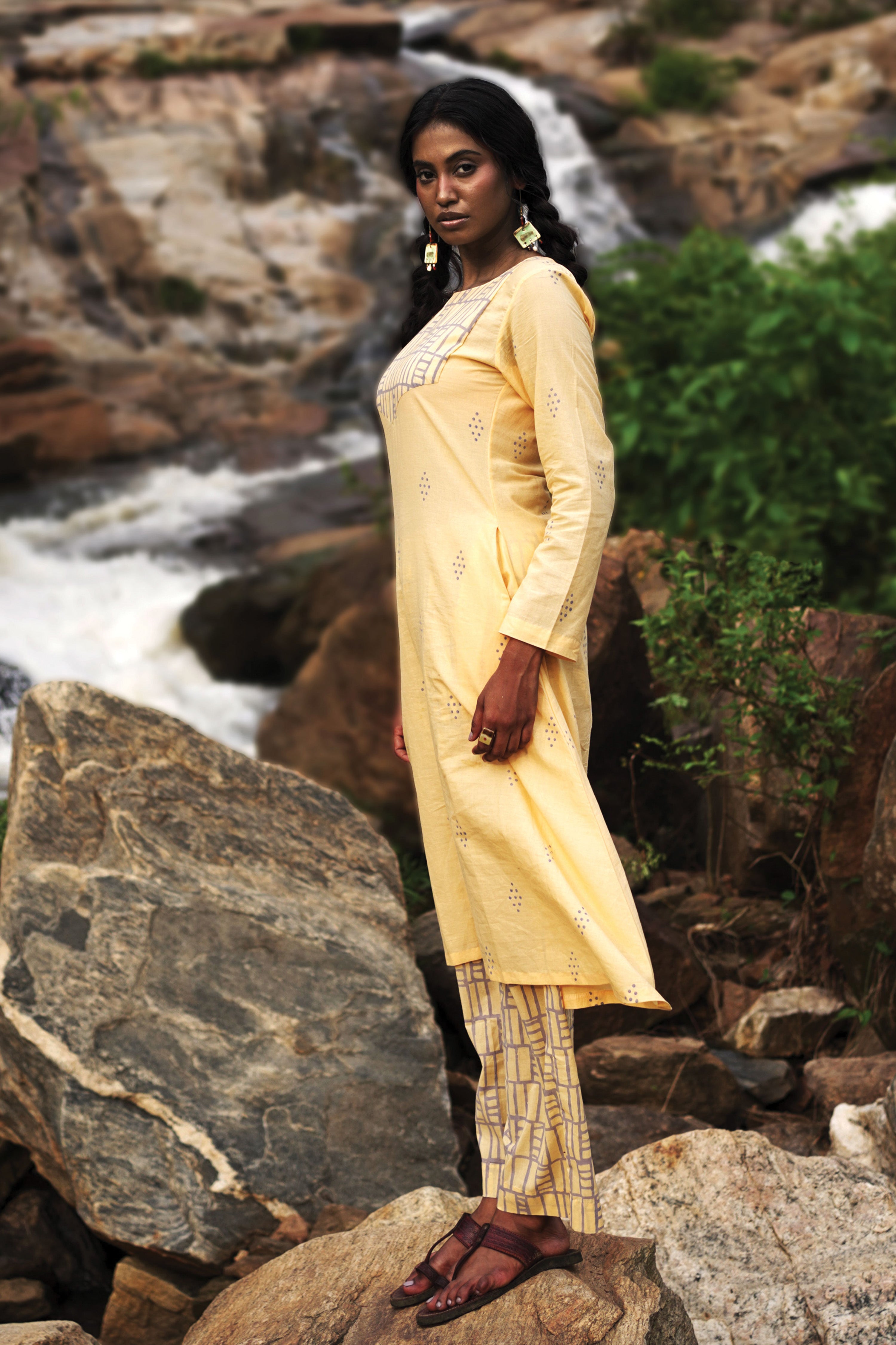Isha I Yellow Cotton Hand Block printed Kurta-pant set