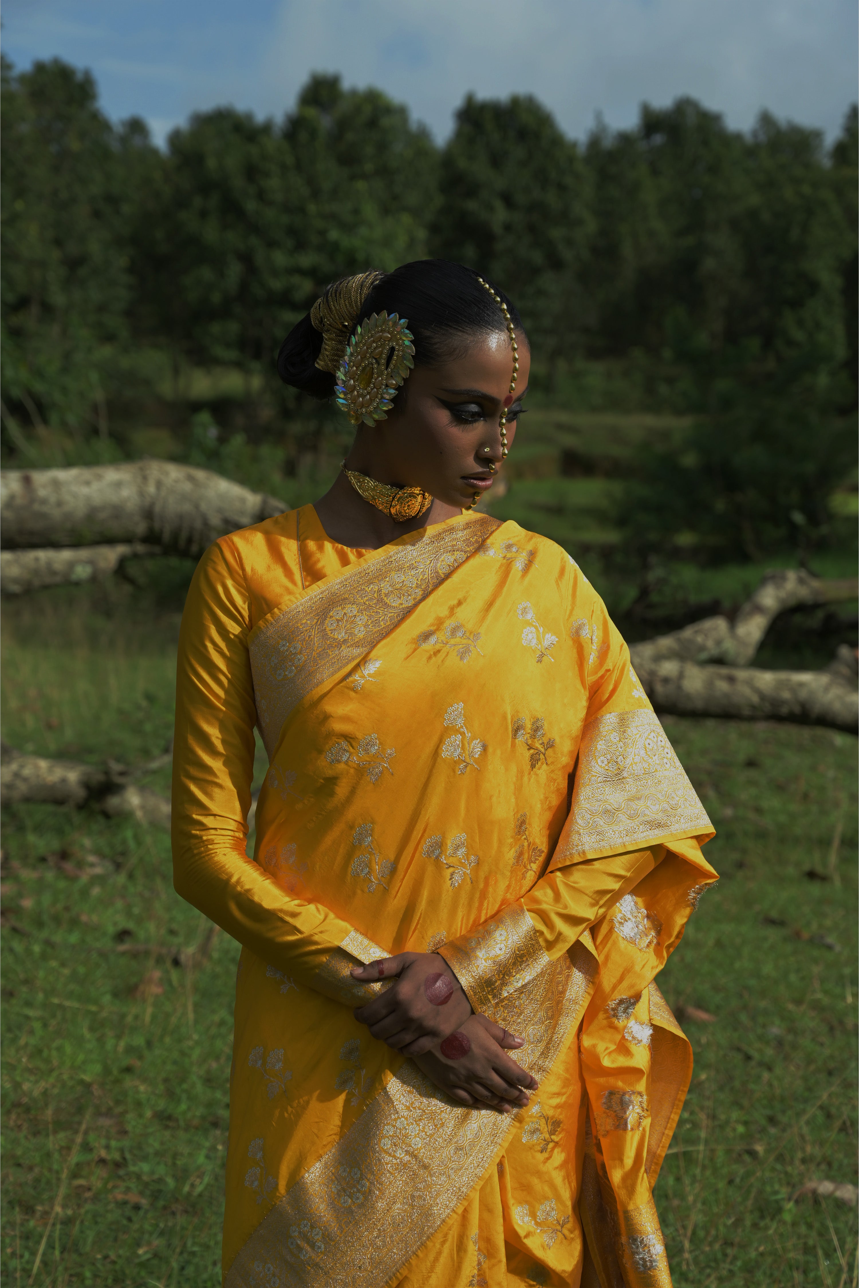 Mrignayani I Yellow Handloom Katan Banarasi Saree with Floral Jaal Zari Border and Floral Butis