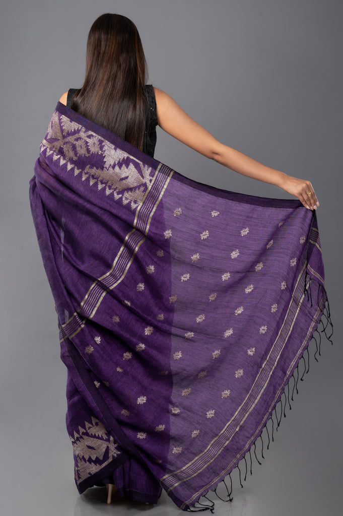 Purple Linen Jamdani Handloom Saree