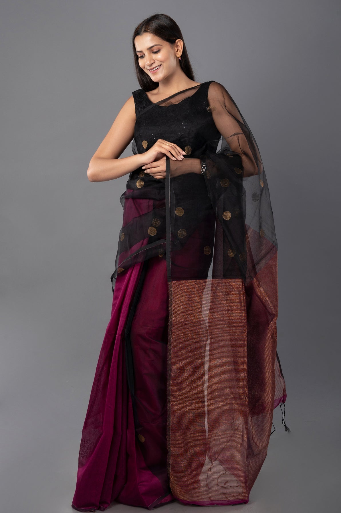 Black-wine handloom designer cotton silk saree